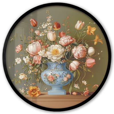 Poster in lijst Rond - Fotolijst 40x40 cm - Posters - Neutral - Bloemen - Boeket - Vaas - Ronde posterlijst zwart - Decoratie - Wanddecoratie woonkamer - Muurdecoratie slaapkamer