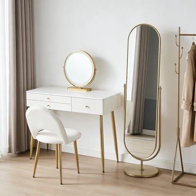 MODFU Kaptafelset - Ronde Spiegel Met Verstelbare LED - Modern - MDF En Metaal - Wit En Goud - 100 x 40 x 122 cm