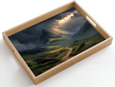 Dienblad hout 50x35 cm - Schootdienblad - Bergen - Kronkelpad - Groen - Wolken - Borrelplank rechthoek - Plateau dienbladen