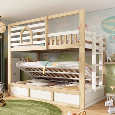 HAUSS SPOLE Stapelbed 90x200 cm - Kinderbed In Hutstijl Met Opbergruimte En Veiligheidshek - Zonder Matras - Hout - Wit Eiken