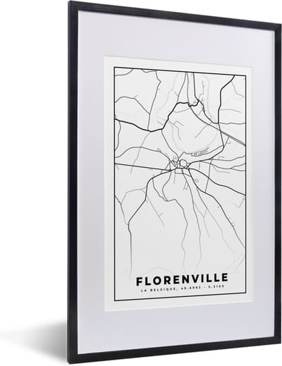 Fotolijst incl. Poster Zwart Wit- Stadskaart – Plattegrond – België – Zwart Wit – Florenville – Kaart - 40x60 cm - Posterlijst