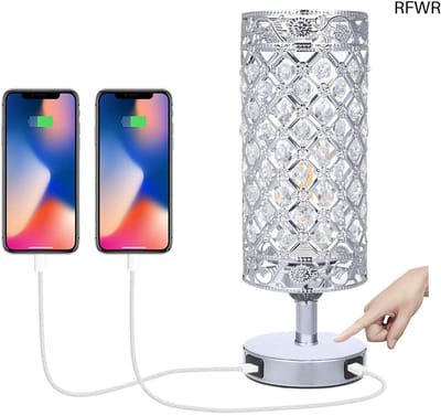 RFWR® Dimbare Crystal Bedlamp met Dubbele USB-poort en E27 Lampenkap voor Slaapkamer