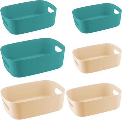 Set van 6 Stapelbare Plastic Opbergdozen in 3 Maten en 2 Kleuren met Handvatten voor Keuken, Badkamer en Kantoororganisatie