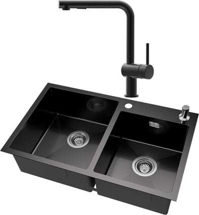 Auralum MAX Dubbele Spoelbak (75x45cm) Antraciet - Spoelbak Keuken Met Keuken kraan - Duurzaam, Veelzijdig en Geluiddempend - Met zeepdispenser 300ml en Waterafvoersysteem
