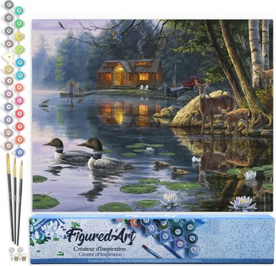 Figured'Art Schilderen op Nummer Volwassenen canvas Chalet aan het meer - Handwerk acrylverf Kit DIY Compleet - 40x50cm zonder frame