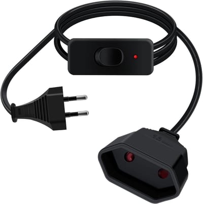 Verlengsnoer met Schakelaar, 2.5 A, 250 V, Euro Plug, 2 x 0.75 mm², LED Schakelaar voor Huishoudelijke Apparaten, TV, PC, Lamp en Monitor (Zwart, 2 Meter)