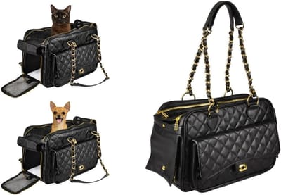 Draagtas hond – Draagtas kat – Flamingo Gigi Zwart – 40 x 22 x 28 cm – kunstleder – ventilatiegaas – uitneembaar kussen – opbergvak met draaislot – reistas hond & reistas kat