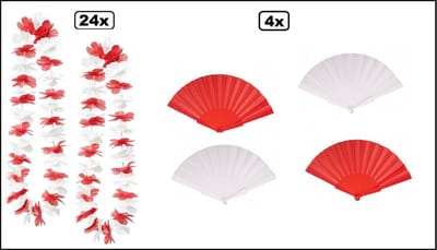 24x Hawaikrans rood/wit + 4x Waaier rood en wit - Tropical party WK Voetbal festival thema feest beachparty hawaii slinger