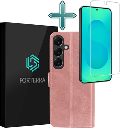 Hoesje Met Screenprotector - Geschikt voor Samsung Galaxy S25 - Luxe Pasjeshouder - Flipcase - Bookcase Portemonee - Flip Case - Kunstleer Book Case - Book Cover - Walletcase - Portemonneehoes - Rosé goud