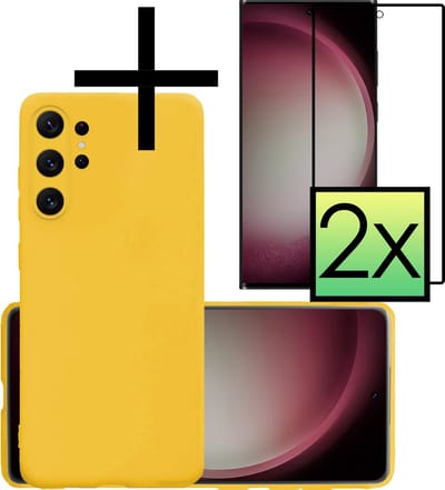 Hoesje - Met 2x Screenprotector - Geschikt voor Samsung Galaxy S23 Ultra - Sterk & Shockproof - Back Cover - Siliconen Case - Telefoon Hoes - Geel