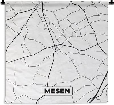 Wandkleed - Wanddoek - Plattegrond – Mesen – Zwart Wit – Stadskaart - Kaart - België - 180x180 cm - Wandtapijt