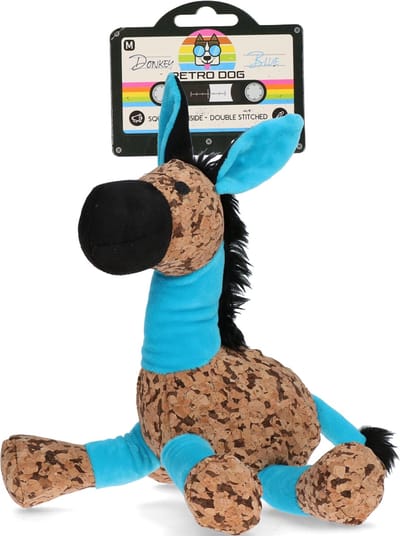 Retrodog Ezel Blauw - Honden speelgoed - Hondenknuffel met piep - Gerecycled materiaal - Maat M