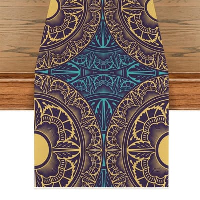 1 stuks Turkoois Blauw & Gouden Mandala Print Tafelkleed - Eettafel Decoratie, Levensboom Tafelkleed 150x33cm