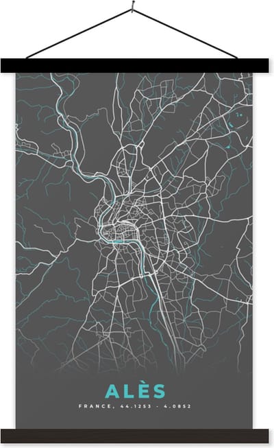 Posterhanger incl. Poster 40x60 cm - Schoolplaat - Alès - Plattegrond - Kaart - Stadskaart - Frankrijk - Textielposter - Zwarte latten - Stadskaart