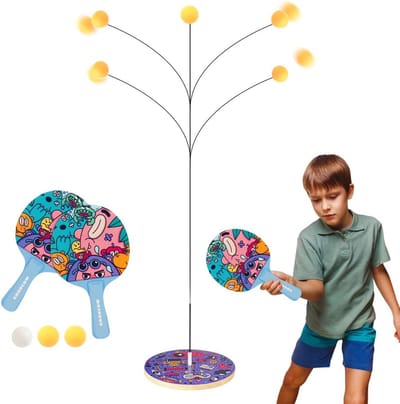 Tafeltennis Trainingsset - Verstelbare Hoogte, Elastische Schacht, Ping Pong Trainingsapparatuur met Cartoonpatroon voor Volwassenen en Kinderen