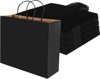 30 Stuks Zwarte Papieren Tassen 32 x 27 x 11 cm, Grote Kraft Tassen met Handvat voor Verjaardagsfeest, Kerst, Cadeauverpakking en Winkelen