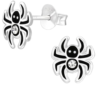 Joy|S - Zilveren spin oorbellen - zwart - 8 mm met kristal