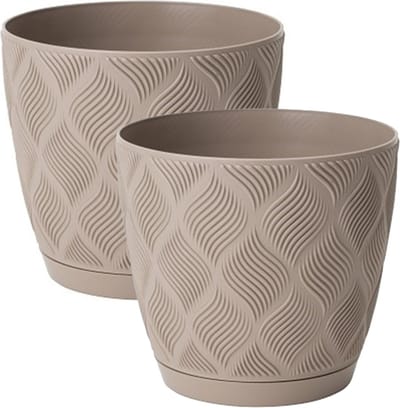Form Plastic Plantenpot/bloempot New Age - 2x - kunststof - beige - D27 x H24 cm - met opvang schotel - rond