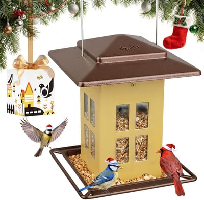 Vogelvoederbak voor buiten, metalen dubbelzijdige hanger voor wilde vogels, 1,2 kg zaadcapaciteit, weerbestendig en stijlvol ontwerp