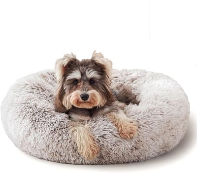 Kattenmand - Zacht lang pluche - Huisdierenmand - Warme huisdierenmand - Geschikt voor katten en kleine honden - Diameter 40 cm - Wit en bruin kleurverloop
