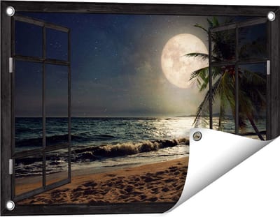 Gards Tuinposter Doorkijk Tropisch Strand in de Nacht met Volle Maan - 60x40 cm - Tuindoek - Tuindecoratie - Wanddecoratie buiten - Tuinschilderij