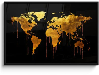 Poster in lijst - Fotolijst 120x80 cm - Posters - Wereldkaart - Goud - Druipen - Zwart - Posterlijst zwart - Decoratie - Wanddecoratie woonkamer - Muurdecoratie slaapkamer