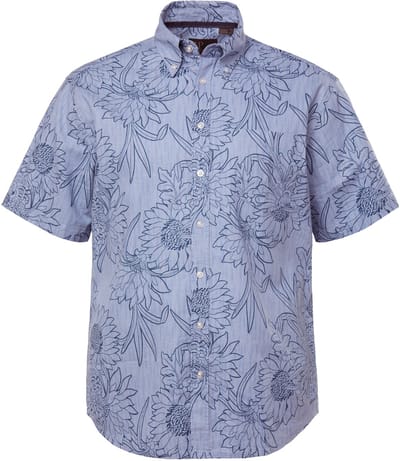 JP 1880 - Heren - Overhemd van een linnenmix korte mouwen all-over print - Blauw denim - Maat L