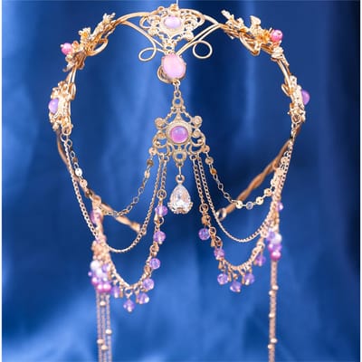 Rood Paars Druppel Kristal Lange Ketting Antiek Exotisch Etnisch Bruid Bruiloft Hoofddeksel Haaraccessoires voor Vrouwen Handgemaakte Haarsieraden blue