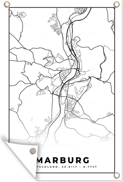 Muurdecoratie Marburg - Plattegrond - Kaart - Stadskaart - 120x180 cm - Tuinposter - Tuindoek