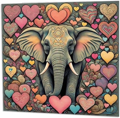 Wenskaart Olifant Hart - Kaart Liefde - Verjaardag Vieren - Gedrukt in Engeland - 145mm x 145mm - Wit