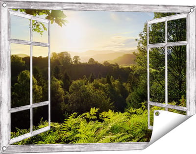 Gards Tuinposter Doorkijk Zonsondergang vanuit een Bos - 90x60 cm - Tuindoek - Tuindecoratie - Wanddecoratie buiten - Tuinschilderij
