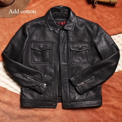 Veste Rétro Lavée pour Homme en Cuir de Vache Tanné Végétal Tea Core 5XL black