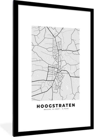 Fotolijst incl. Poster Zwart Wit- Stadskaart – Plattegrond – België – Zwart Wit – Hoogstraten – Kaart - 80x120 cm - Posterlijst