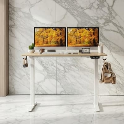 Ergonomisch Elektrisch Zit-Sta Bureau - 100x60 cm Hoogteverstelbaar met 2 behuizingsknoppen, stabiel en stijlvol, natuurlijk houten werkblad, ideaal voor thuiswerken, studeren en gamen,Casa Serena ...