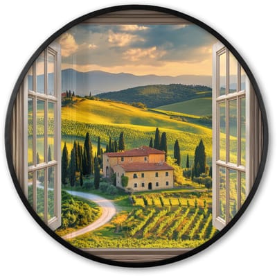 Poster in lijst Rond - Fotolijst 60x60 cm - Posters - Doorkijk - Toscane - Uitzicht - Landschap - Zomer - Ronde posterlijst zwart - Decoratie - Wanddecoratie woonkamer - Muurdecoratie slaapkamer