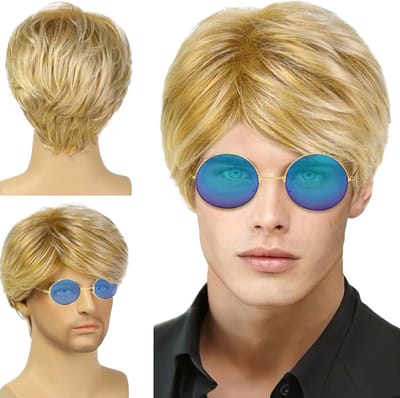 Korte Krullende Perücke voor Mannen met Pony - Perfect voor 70s/80s Disco, Halloween en Feestkostuums, Inclusief Zonnebril