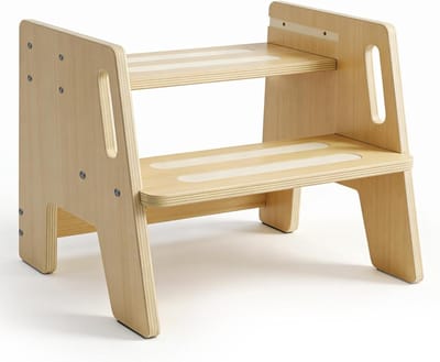 Houten opstapje voor kinderen, 3-traps hoogte verstelbaar, antislip met handgrepen en pads, stevig voetsteuntje voor badkamer, keuken en kinderkamer - tot 150 kg draagvermogen