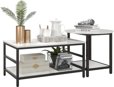 Salontafelset, 2 Bijzettafels, Marmerlook, Verstelbare Poten, Staal, Zwart/Wit