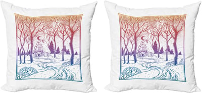 ABAKUHAUS Winter Decoratieve Kussenhoezen, Set van 2, Rustiek Boshuis, Modern Accent, Dubbelzijdige Digitale Print, 40x40 cm, Meerkleurig