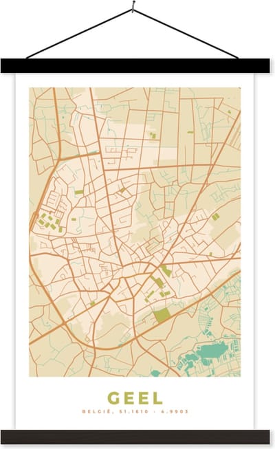 Posterhanger incl. Poster 40x60 cm - Schoolplaat - Stadskaart - Vintage - Plattegrond - Kaart - Geel - Textielposter - Zwarte latten - Stadskaart