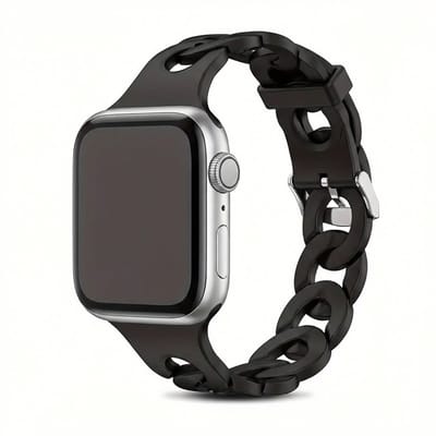 Zwart horlogebandje voor smartwatch dames en heren met ultra dun schakel design van silicone en metalen sluiting, Geschikt voor Apple Watch 38 mm / 40 mm / 41 mm / 42 mm (serie 10 / 11)