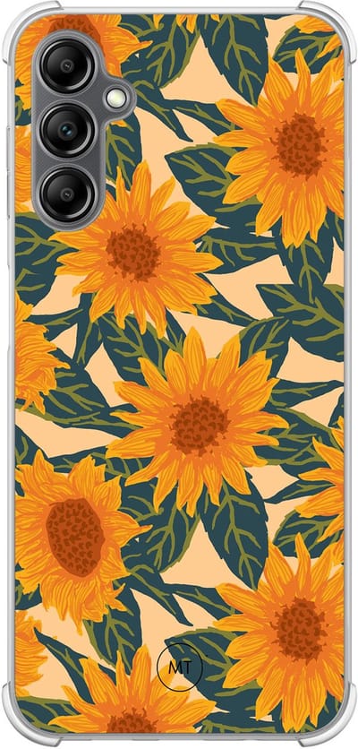 Hoesje (shockproof) geschikt voor Samsung Galaxy A14 5G - Zonnebloemen - Extra sterke case - TPU/polycarbonaat - Bloemen - Oranje, Transparant