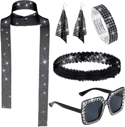 Vrouwelijk 5-delig Disco Outfit met Pailletten, Sjaal, Oorbellen, Zonnebril en Haarband voor 70s en 80s Themafeesten