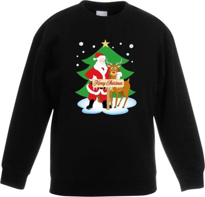 Zwarte kersttrui kerstman en rendier Rudolf voor kerstboom voor jongens en meisjes - Kerstruien kind 98/104
