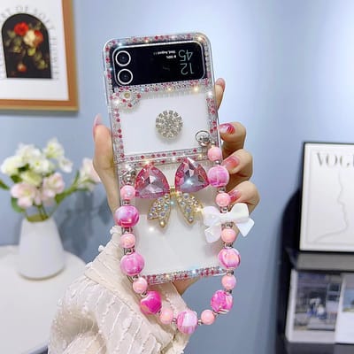 Draagbare Laser Kralen Armband en Diamanten Strik Telefoonhoesje voor Samsung Z Flip 5 4 3, Luxe Kleurrijke Strass Transparante Hoes For Z Flip 1 2