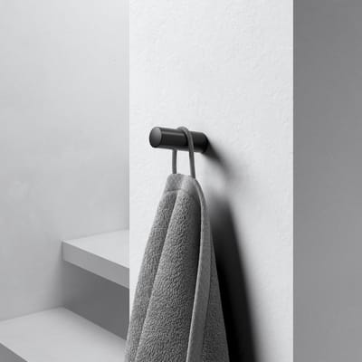 KEUCO Handdoekhaak van metaal, zwart mat gepoedercoat, lijm of boren, rond, voor badkamer en gastentoilet, wandhaken voor handdoeken en badjassen, Reva Black Selection