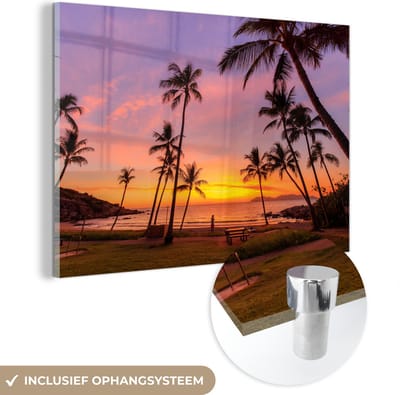 ® Glasschilderij 180x120 cm - Schilderij acrylglas - Palmen op een tropisch strand bij zonsopgang in Australië - Foto op glas - Muurdecoratie woonkamer - Wanddecoratie slaapkamer - Schilderijen
