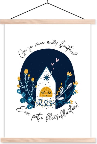 Posterhanger incl. Poster 87x120 cm - Schoolplaat - Spreuken - Quotes - Ga je mee naar buiten? - Textielposter - Blanke latten