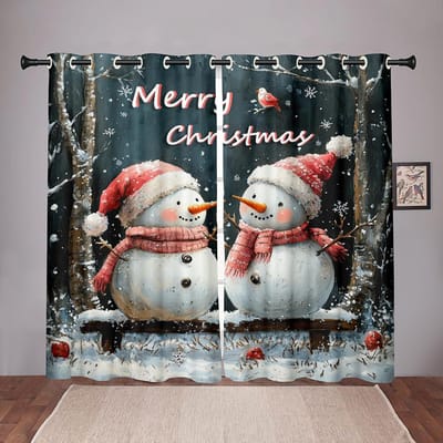 Kerst Sneeuwpop Gordijnen Winter Wonderland 2 Panelen 3D Digitale Print Vakantiedecor Slaapkamer Woonkamer Knus Romantisch Sneeuwval 50W60H(CM)X2PCS&Rod Pocket
