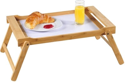 FSC® Bamboe Elegante inklapbare bedtafel met dienblad | Houten Bed tafel | Witte tafel | beddienblad | Ontbijt dienblad | Ontbijt op Bed | Afm. 59 x 33 x 24 Cm. | Kleur: BAMBOE / WIT